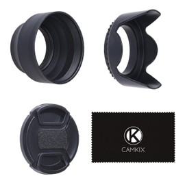 Set of 2 Camera Lens Hoods and 1 Lens Cap - Rubber (Collapsible) + Tulip Flower - Sun Shade/Shield - Reduces Lens Flare and Glare - Blocks Excess Sunlight for Enhanced Photography and Video Footage