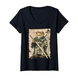 Womens Frog Samurai Warrior Katana Ukiyoe Ronin V-Neck T-Shirt