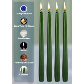 Hyoola Tall Taper Candles - 12 Inch Hunter Green Unscented Dripless Taper Candles - 10 Hour Burn Time - 4 Pack