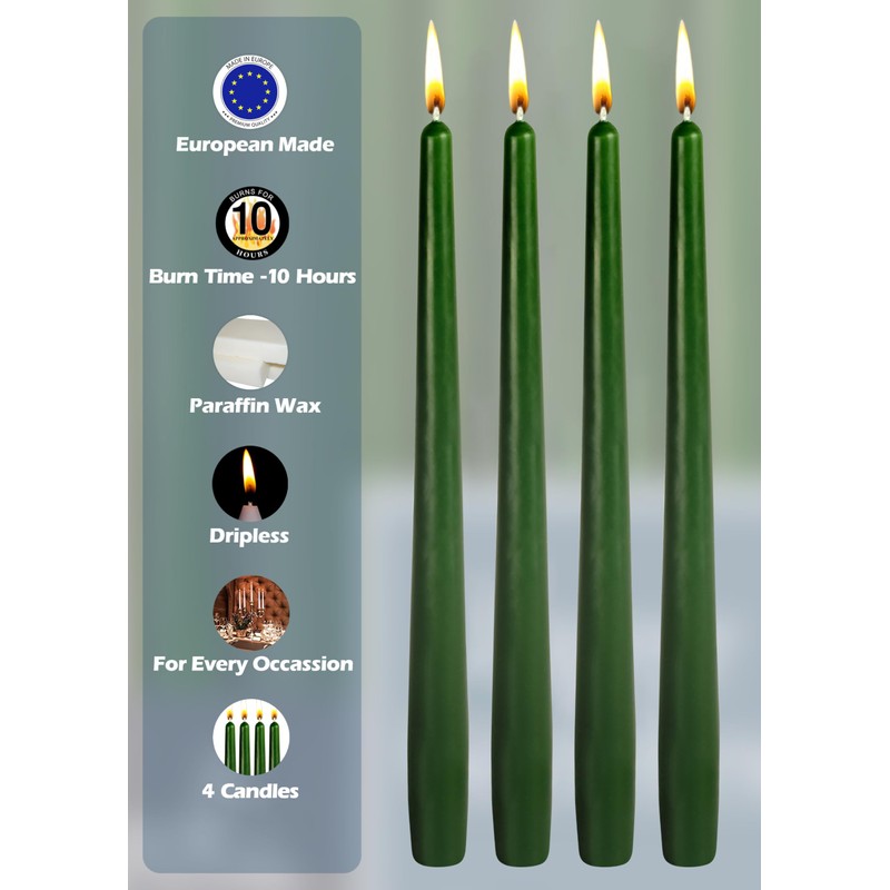 Hyoola Tall Taper Candles - 12 Inch Hunter Green Unscented