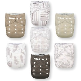 Nora's Nursery Cloth Diapers 7 Pack with 7 Inserts & 1 Wet Bag - Waterproof Cover, Washable, Reusable & One Size Adjustable Pocket Diapers for Newborns and Toddlers - Earthy Boho