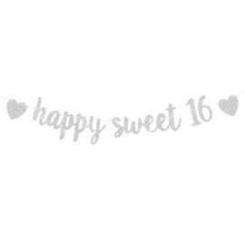 Silver Happy Sweet 16 Birthday Banner, Glitter Happy 16th Birthday Party Sign, Sweet Sixteen Birthday Anniversary Decoration Party Supplies