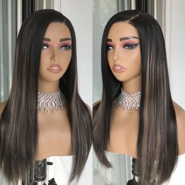 mytonecoo Dark Brown Wig with Blonde Highlight Synthetic Lace Front Wig Wear and Go Glueless Wig for Women Pre Cut Pre Plucked for Beginner Layered Straight Side Part 18 Inch