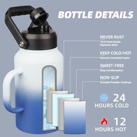 BJPKPK 87oz Insulated Water Bottle with Handle, Large Dishwasher Safe 2/3 Gallon Water Bottle, BPA Free Water Jug, Wide Mouth Metal Water Bottle with Anti-slip Bottom, Keep Cold & Hot,Sky