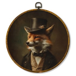 Hiuwevt Retro Fox Round Wall Art Decor, Vintage Dark Academia Fox Framed Canvas Prints, Retro Renaissance Animal Round Wall Hanging Decor for Home Living Room Decorations, 10x10 Inches