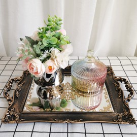 YANIZU Decorative Mirror Tray, Floral Vanity Organizer for Makeup, Jewelry, Perfume, Vintage Rectangular Display and Serving Tray for Dresser, Counter and Coffee Table, 9.5"x14.9", Gold