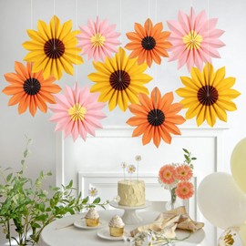 SUNBEAUTY Pack of 9 Sunflowers Paper Fans Pink Party Decoration Tissue Paper Fan Orange Hanging Garland for Birthday Wedding Table Decoration Graduation Party Decoration