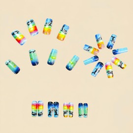 Cute Ocean Animal Press on Nails Colorful Sunset Gradient Fake Nails with Glue Long Square Full Cover Stick on Nail Glossy Artificial False Nail for Women