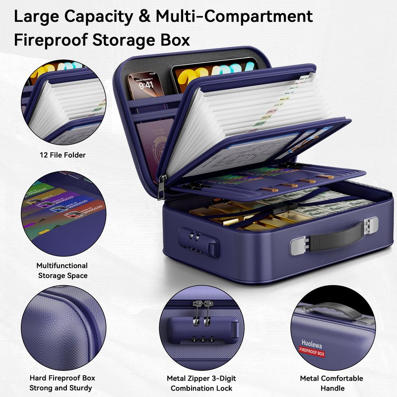 Fireproof Document Box, Hard Case Fireproof Box with Lock, Portable