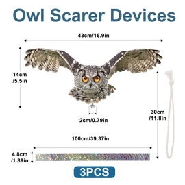 Lifreer 3PCS Bird Scare Hawk Fake Owl, Reflective Owl Hanging Decoration, Dual-Side Printed Raster Fake Hawk Eagle to Keep Birds Away from Patio Garden Windows Porch Tree