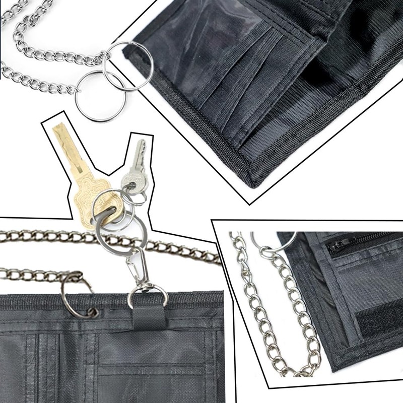 Lowats Slim Black Wallet Zip Foldable Triple Wallet with Chains