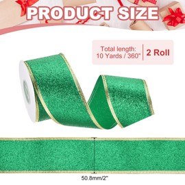 PATIKIL 20 Yards x 2" Christmas Ribbon, Metallic Wired Ribbon Shine Gift Wrapping Ribbon for Craft Birthday Wedding Festival Decoration, Green Gold