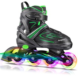 KAQINU Adjustable Inline Skates, Outdoor Inline Skates Roller with Full Illuminating Wheels for Women, Kids, Girls and Boys (Green, L)