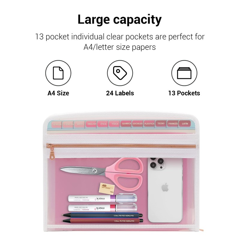 Mukawa 13 Pocket Zippered Expanding File Folder, Zippered Accordion File