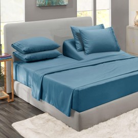 Clara Clark Flex Top King Sheets, 6 Piece Set - Hotel Luxury Sheets for Top Split King Bed, Super Soft Bedding Sheets & Pillowcases, Head Split King Sheets, Blue Heaven