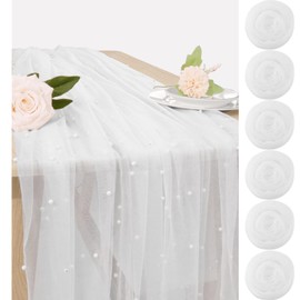 JALANCY Set of 6 Pearl Table Runner 60 x 120 Inch White Tulle Fabric Lace Table Runners Boho Rustic Tablecloth for Bridal Shower Birthday Party Wedding Arch Aisle Veil Dessert Table Decor(White)