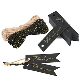 100Pcs Mini Thank You Gift Tags with String, High-end Black Paper Gold Word Hang Tags with Jute Twine and Cotton Gold Twine for Arts and Crafts, WeddingHoliday, Thanksgiving, Birthday (2.75''x0.75'')