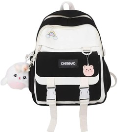 Sanilinwild Aesthetic Girls Backpack Kawaii School Bags toast School Cute Pendant Schoolbag for Kids Boys Teenage Primary Secondary（Black）