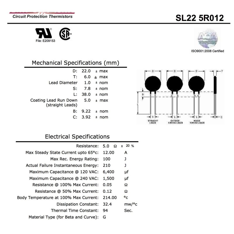 Ametherm Ntc Thermistor - SL22 5R012