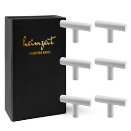 heimzeit Cabinet Knobs for Doors, Drawers, and Dressers Made of Stainless Steel [6 Pieces, T-Shape] Color: White, Stylish Design, Furniture Knobs with Single Hole Grip and Screws