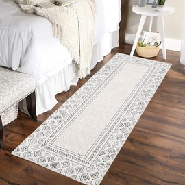 GarveeHome Modern Bordered Washable Runner Rug 2x6 Rugs Runners Non Slip Kitchen Rug Stain Resistant Laundry Room Rug Non Shedding Long Hallway Runner Rug for Bathroom Bedroom, Beige/Grey