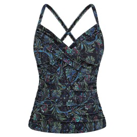 Hilor Women's Underwire Tankini Top Swimwear Twist V Neck Swimsuits for Big Busted Tummy Control Bathing Suits Top Only, Black&green Floral, 14