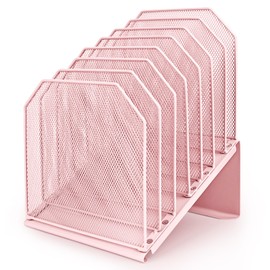 SUMMORO Inclined File Organizer for Desk, 7-Tier Vertical File Folder Holder Office Desk Organizer Metal Rack File Wire Mesh Desktop Document Sorter for Office School Classroom Home (Pink)
