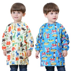 Happy Cherry - Craft Apron Girls Boys Painting Apron Baby Bib Painting Waterproof with Long Sleeves Children's Apron Toddler Sleeve Bib School Nursery for Food Play - 1-7 Years, 2 x blue + yellow