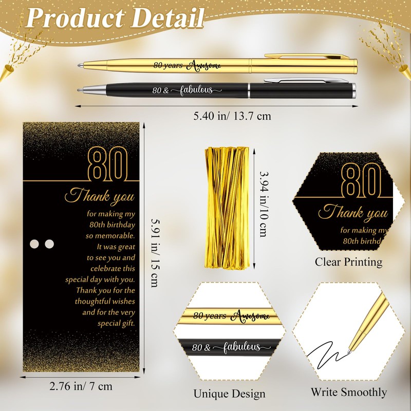 80th Birthday Party Favors with Black Gold Pens Thank You
