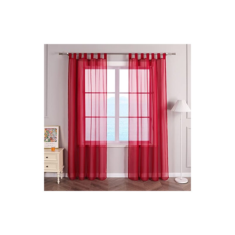 ESLIR Curtains with Tabs Window Curtain Transparent Tab-Top Voile Red