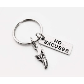 Pewter RUN with NO EXCUSES Key Chain/Bag Tag - Running Shoe Charm and Pewter Pendant Rectangle Pendant - Stainless Steel Round Key Ring - All Pewter