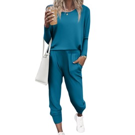 Ekouaer Women's Pajama Sets Casual 2Pcs Sleepwear Long Sleeve Pullover Tops Long Joggers Pants with Pockets Blue Green