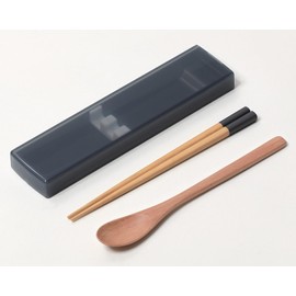 Ansio CT-27 Sound-Resistant Antibacterial Chopsticks Spoon 7.1 inches (18 cm), Pull Lid, Chopsticks Case Set, Natural Wood, Black, Dishwasher Safe, Made in Japan
