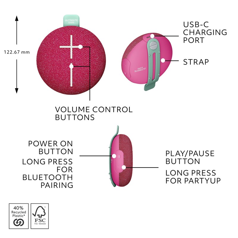 ULTIMATE EARS MINIROLL Ultra-Portable Waterproof Bluetooth Speaker, Big Bass, IP67