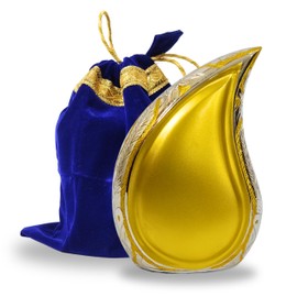 Gold Teardrop Urn for Ashes – NORSE'S TRADECRAFT Elegant Handcrafted Cremation Keepsake for Adults – Premium Metal Memorial Container with Ornate Detailing – Includes Royal Velvet Storage Pouch