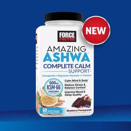 Force Factor Amazing Ashwa Complete Calm Support with KSM-66 SAshwagandha, Like Ashwangandha Gummies to Promote Calm Relaxation with Magnesium & L-Theanine, Blueberry Pomegranate, 60 Soft Chews for stress relief