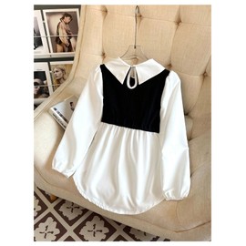 SweatyRocks Girl's Color Block Collar Blouse Button Front Ribbed Knit Long Sleeve Dress Shirts Black and White 11Y