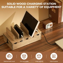 KIRIGEN Wood Charging Station Rack Organizer for Multiple Devices Desktop Organizer with 5 Ports for Cell Phones, Tablets, Earphones Wooden Cable Management DDXH-DBR