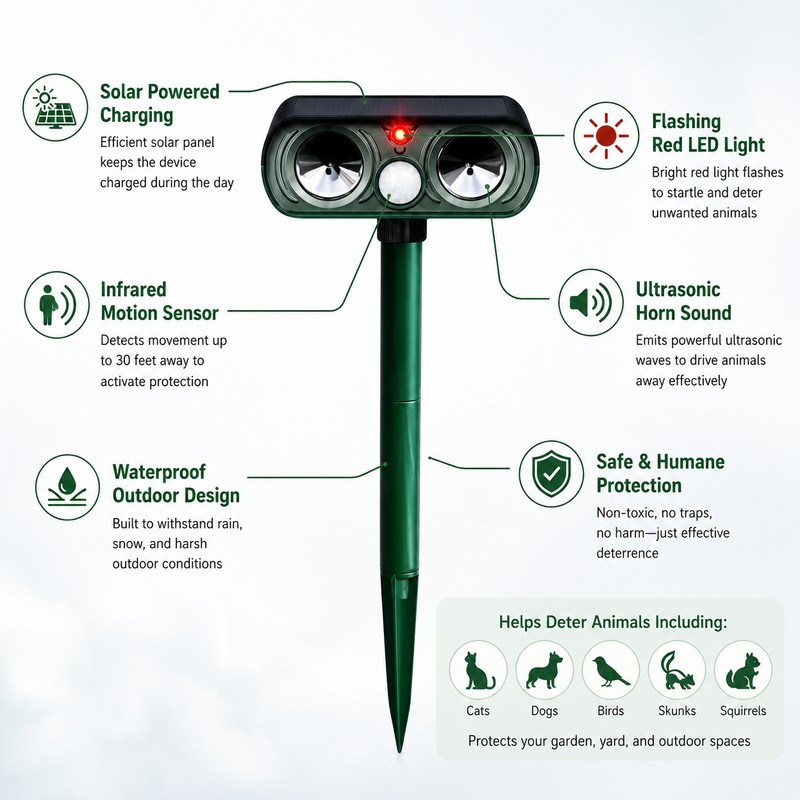 Solar Ultrasonic Animal Repeller for Outdoor Use – Motion Sensor