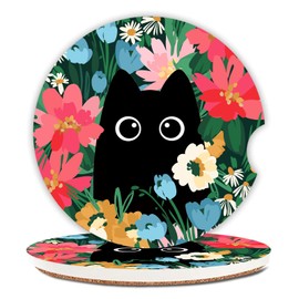 Cute Black Cat Ceramic Cup Holders Car Coasters Set for Women/Men,Drink Cup Car Holder Coasters with A Finger Notch 2.56" Pack of 2.