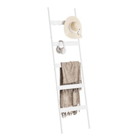 ELYKEN Blanket Ladder for Living Room, Farmhouse 5 -Tier Quilt Holder with 4 Removable Hooks for Bathroom, Wood Towel Rack Display, Wall Anchor Leaning Decorative Stand for Home Decor, White