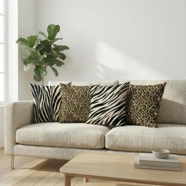 Sagielio Animal Print Throw Pillow Covers 18x18 Set of 4, Double-Sided Soft Microfiber Decorative Cushion Covers with Leopard, Cheetah, Zebra Patterns, Brown and Beige Farmhouse Safari Decor for Couch