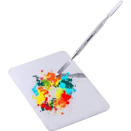 Metal Mixing Palette, Stainless Steel Makeup Plate, Rectangle Primer/Lip Colour/Pigment Mixing Plate with Spatula, for Artist Drawing Tool, Colour Mixing, Nail Art (11.5 x 7.5 cm)