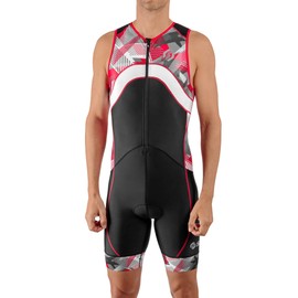 SLS3 Pro Triathlon Suit Men - Premium FX Trisuit - Sleeveless Mens Triathlon Suit - Padded, Back Pocket (Black/Red Geo, Small)