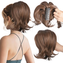 MFDYMYGS Messy Bun Hair Piece Claw Clip, Messy Bun Hair Piece with Bendable Metal,Short Ponytail Extensions Hairpieces for Women (Medium Brown)