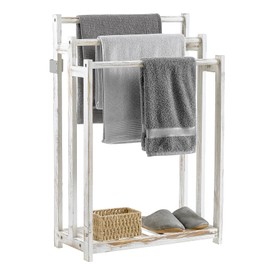 MyGift 35" Freestanding Towel Rack, 3 Bar Wood Blanket Holder with Bottom Storage Shelf, Towel Drying Rack and Display for Bathroom Livingroom, Whitewashed