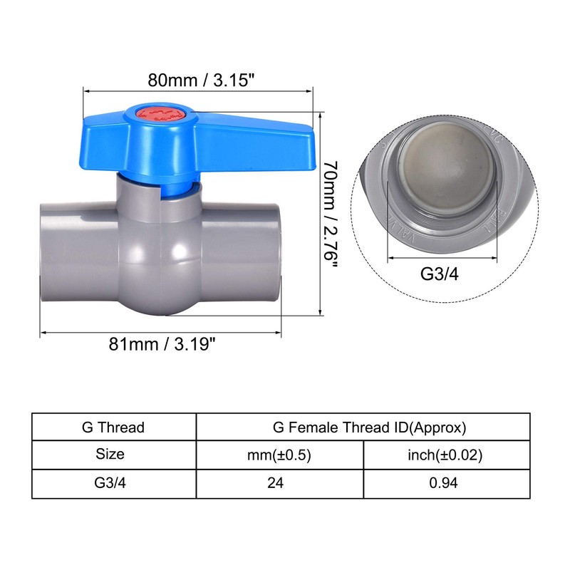 sourcing map Ball Valve, G3/4 Female Thread PVC Valve for