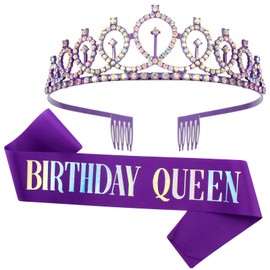 CIEHER Purple 2 - Ab Rhinestones Birthday Crown & Sash Set, Purple Tiara & Sash for Women & Girls