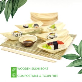 Disposable Wooden Boat Dishes 50-200pcs - Pinewood Snack Sushi Serving Bowls Food Take Out Trays - Suitable for Parties Weddings Christmas Catering Restaurant (50, S (12 x 6.5cm))