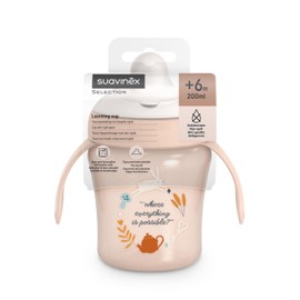 Suavinex, Learning Cup with Fixed Spout, Leak-proof Baby Cup with Flip Lid and Handles, Dishwasher Safe, Trainer Cup, 200 ml, Baby and Toddlers from 6 Months, Wonderland, Pink